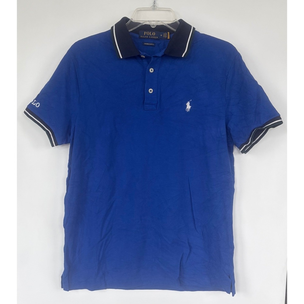 Polo Ralph Lauren Mens Medium Blue Custom Slim Fit Tipped Polo Shirt Pony Logo M
